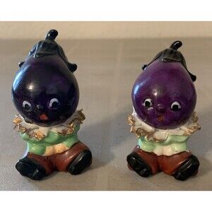 Vintage Anthropomorphic Baby Eggplant Salt and Pepper Shaker Gold Trim JAPAN